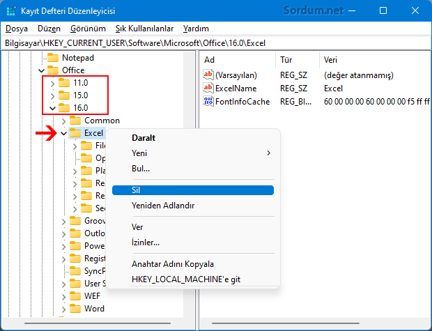 Excel ayarlarını registryden sıfırlayın