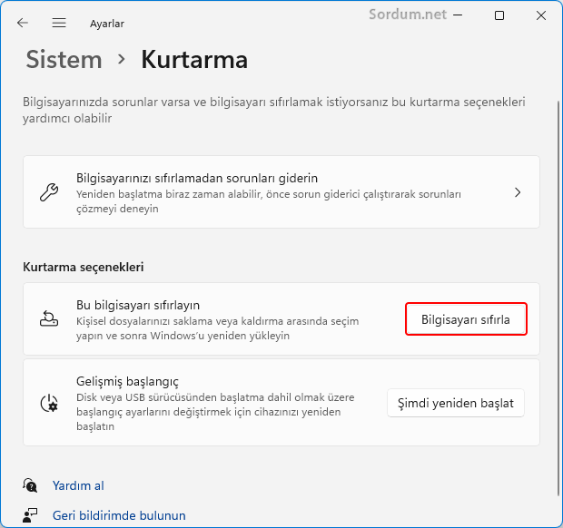 Bilgisayarı sıfırla