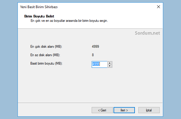 Birim boyutunu belirt