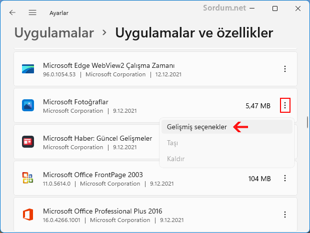 Fotoğraflar gelişmiş seçenekleri