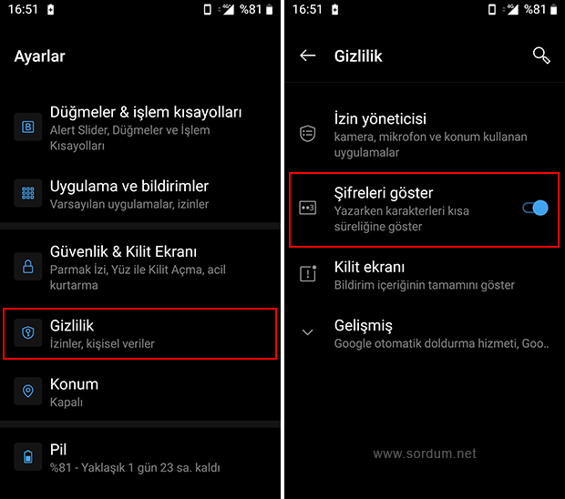 Android te yazarken şifreleri göster ayarı