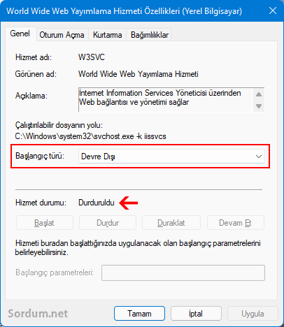 w3svc hizmetini durdur