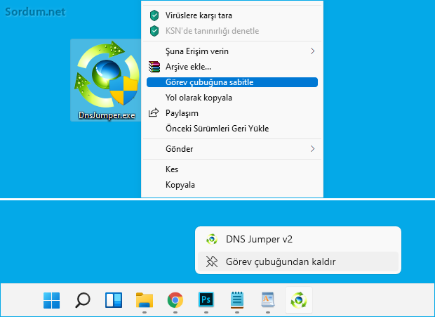 Görev çubuğuna sabitle yi yasakla