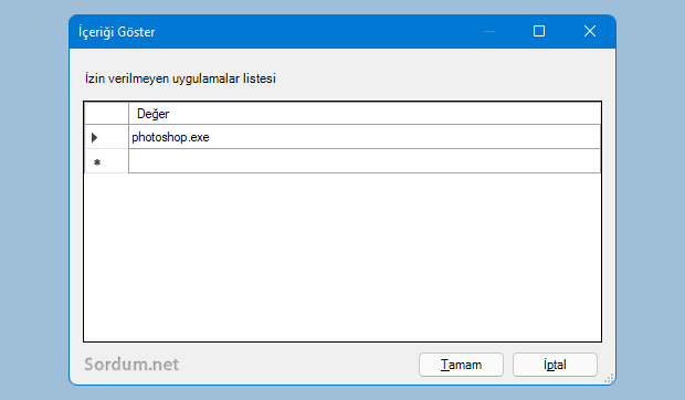 İzin verilmeyen uygulama listesi