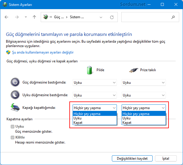 Laptop Kapağını kapattığımda hiçbirşey yapma