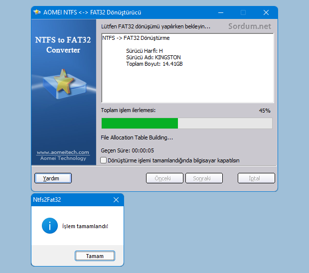 Ntfs Fat32 ye veri kayıpsız çevrildi
