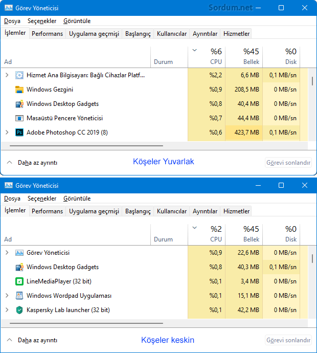 Windows Pencere köşelerini karşılaştır