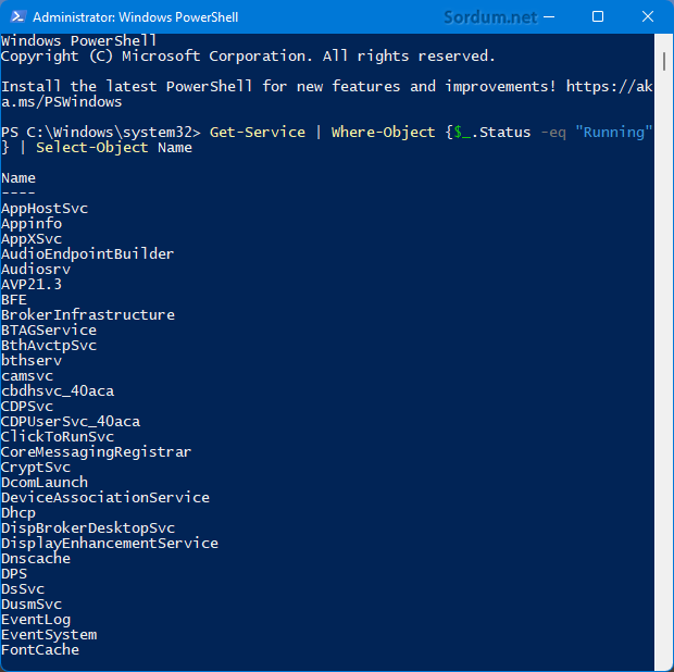 powershell ile çalışan servisleri listeletelim
