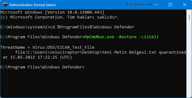 Cmd komutu ile karantina listesi