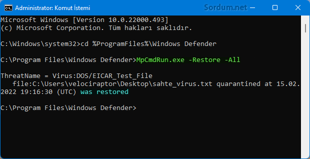 Defender Karantinadakileri geri al