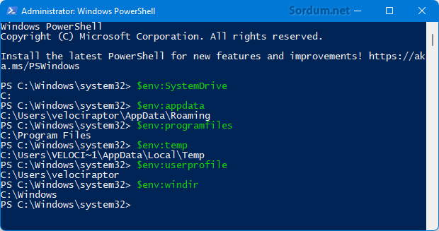 powershell çevre değişkeni komutları