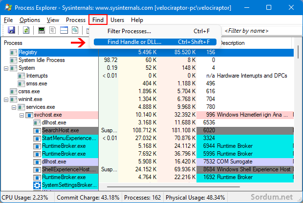 Process Explorer arayüzü Process Explorer arayüzü