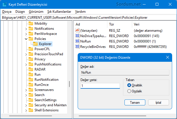 Norun kayıt defteri anahtarı
