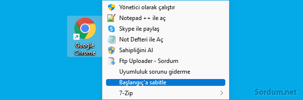 Sağ tuş ile başlangıca sabitle