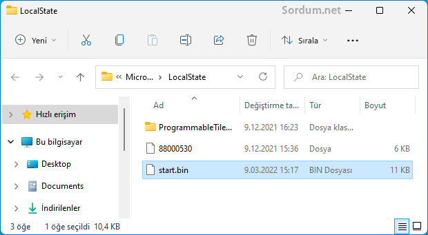 Başlangıda sabitlenenler hangi klasörde