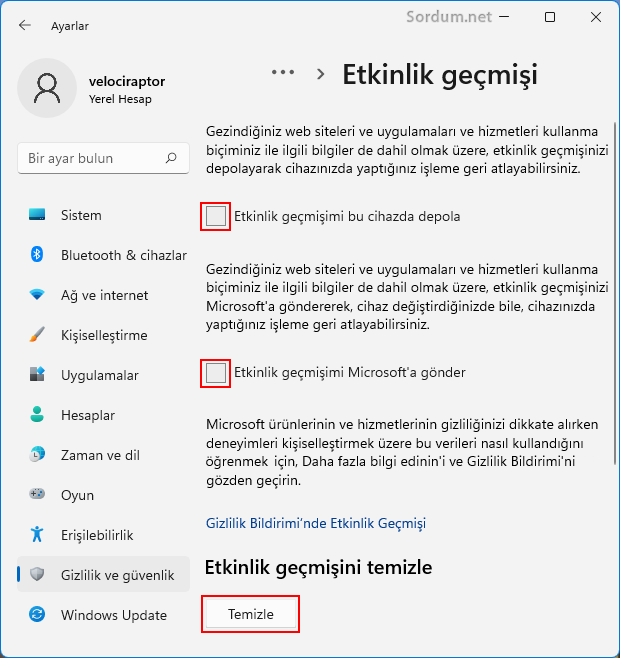 Etkinlik geçmişini depola