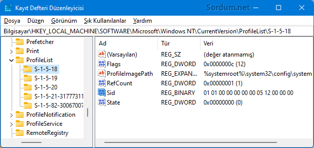 Registryde SID değerleri