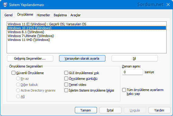 Sistem yapılandırması önyükleme sekmesi