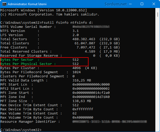 bytes per sector