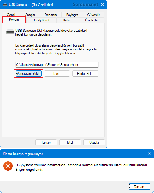 Ekran görüntüsü varsayuılana taşıma hatası