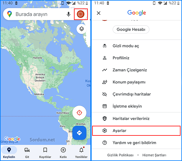 Google Maps ayarlar