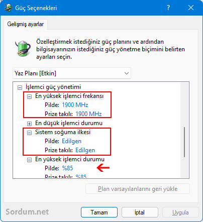 Güç seçenekleri gelişmiş ayarları