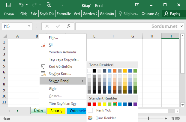 excel sayfa sekme renk ayarı