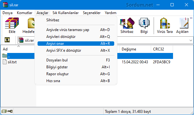 Winrar arşivi onar