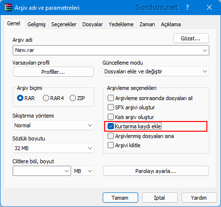 Winrar kurtarma kaydı ekle