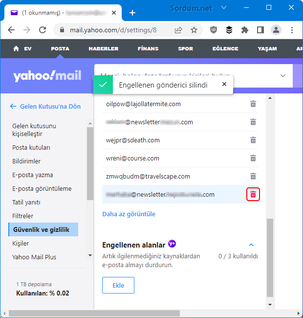 Yahoo mailde email engelini kaldır