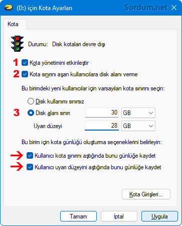 Disk kotası limitleri