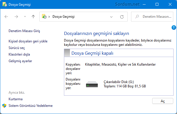 Dosya geçmişi özelliği kapalı