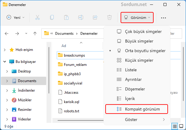 Görünüm menüsünde Kompakt görünüm
