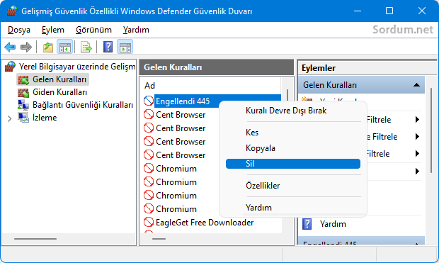 Windows güvenlik duvarında kural sil