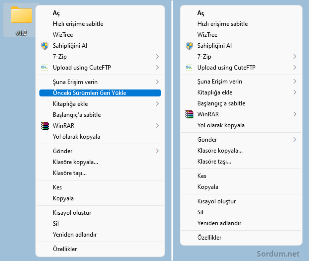 Sağ tuşta önceki sürüme geri yükle