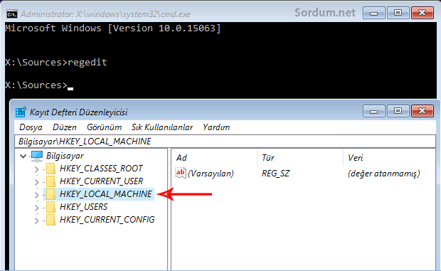 regeditten HKLM anahtarını aç