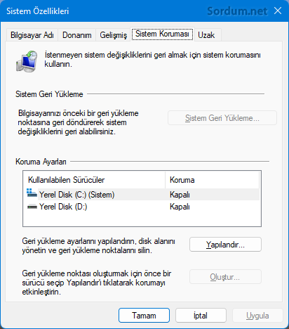 Sistem Koruması kapalı