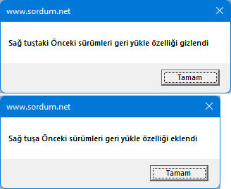 sağ tuşta geri yükle olmasın