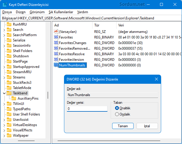 NumThumbnails registry değeri