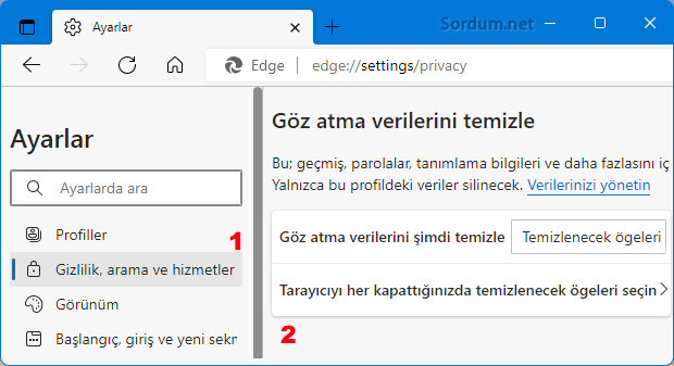 Edge kapanırken temizlenecek verileri seçin