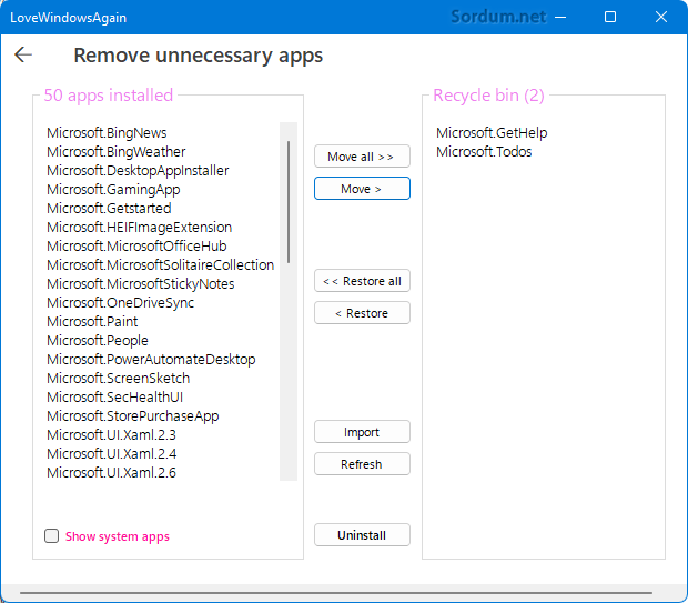 Love Windows again gereksiz uygulamalar