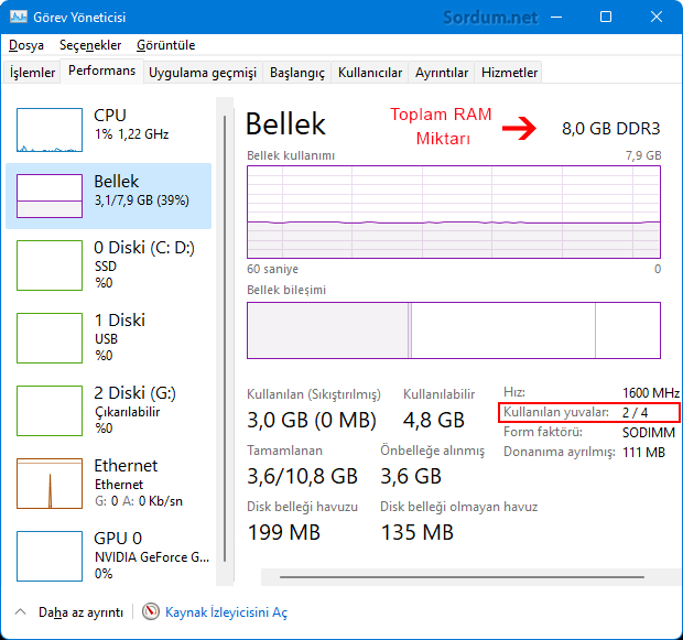 Kullanılan Ram yuvalarını görün