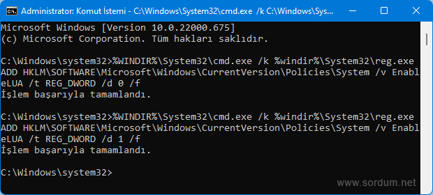 cmd komutu ile UAC kapat