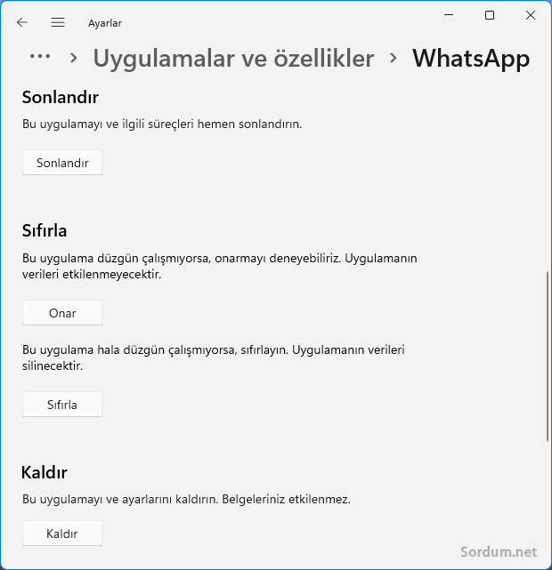 WhatsApp yi onar veya sıfırla