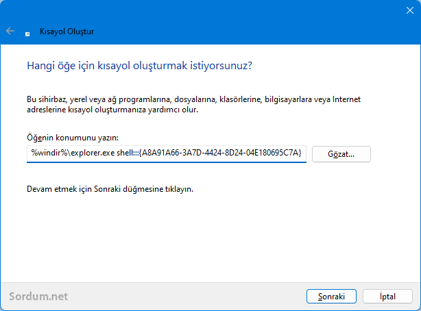 Aygıtlar ve yazıcılar kısayolu oluştur