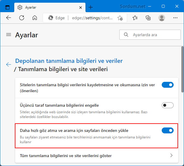 Microsoft EDGE de hızlı gözat ayarı