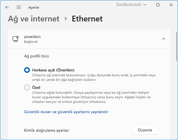 Ethernet bağlantısını özel veya herkese açık yap