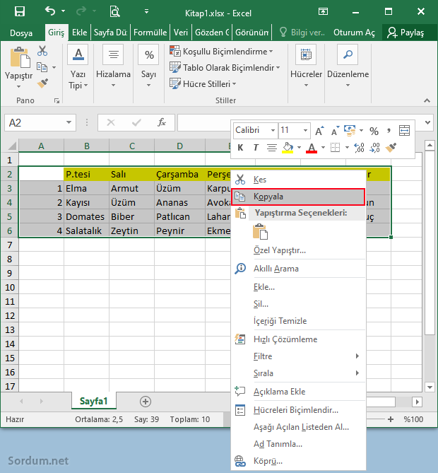 Excelde tabloyu kopyalayalım