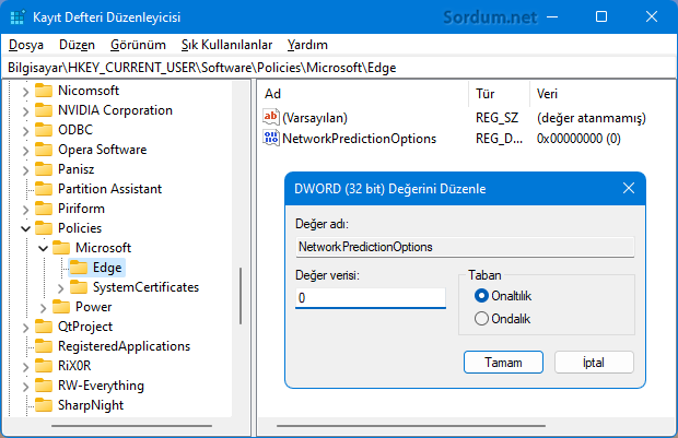 Edge hızlı gözat registry ayarı