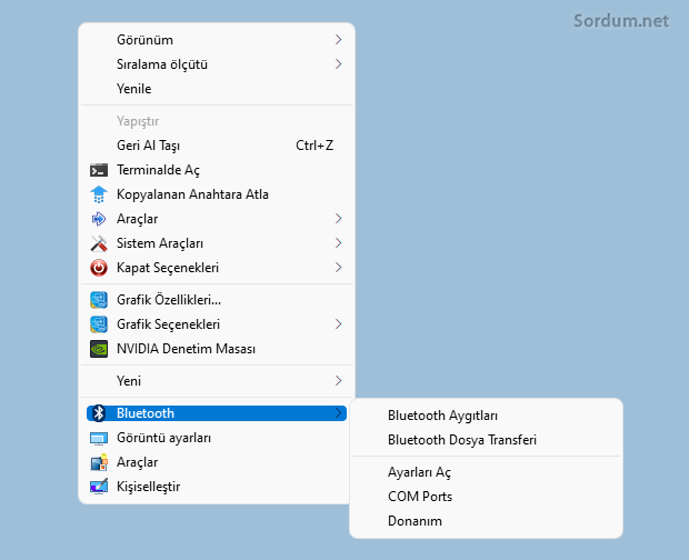 sağ tuş menüsünde Bluetooth